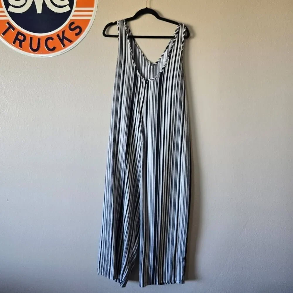 Black White Stipe Tie Front Wide Leg Cropped Jumpsuit Jumper 2xl Minimalist